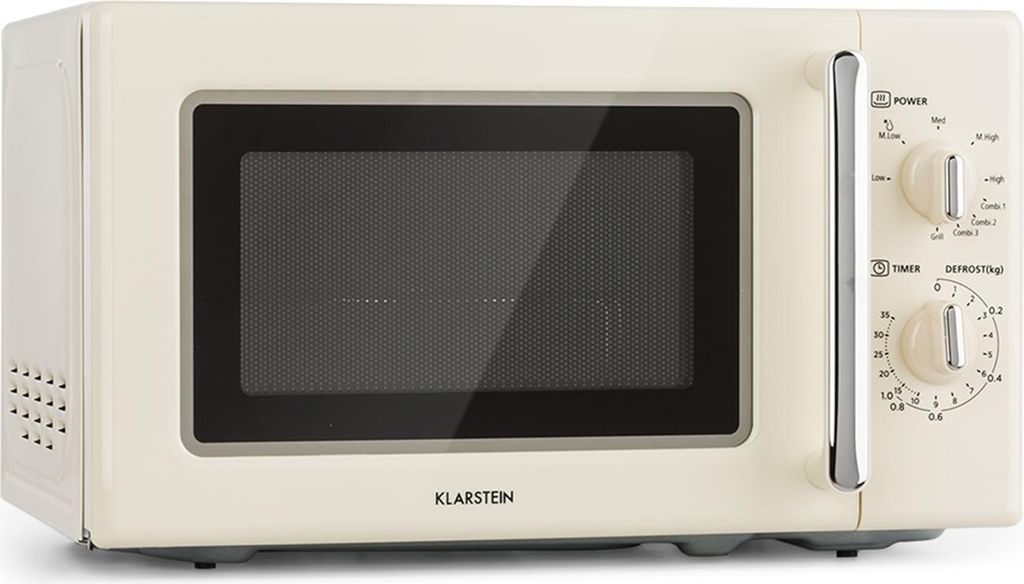 A studio shot of a cream-colored retro-style microwave oven against a white background.