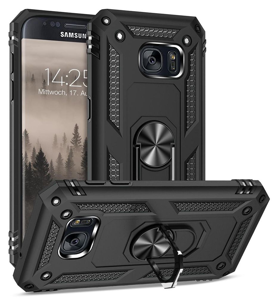 A black protective phone case with a ring stand is shown from multiple angles, with a Samsung phone visible in the background.