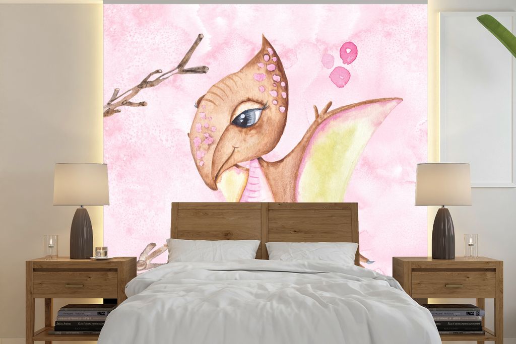 MuchoWow Fototapete für Wohnzimmer oder Schlafzimmer Wandtapete Vinyl Motivtapete Dino - Flügel - Tapete Kinderzimmer - Mädchen - Kinder - Ro...