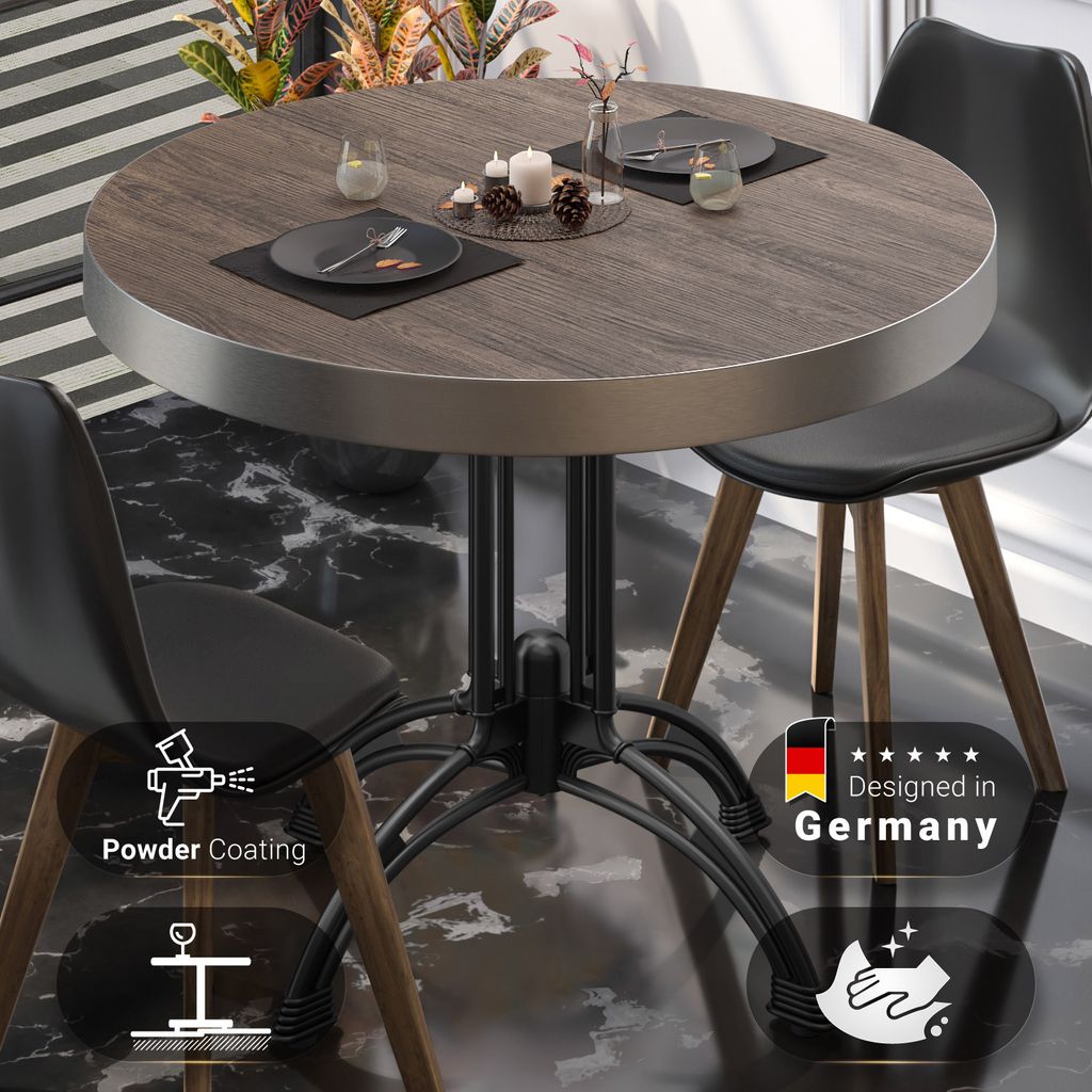 BMLG | Bistro Tisch | Ø 70 x 77 cm | Rund | Edelstahl Rand | Light Wenge / Schwarz | Bistrotisch Gastro Tisch