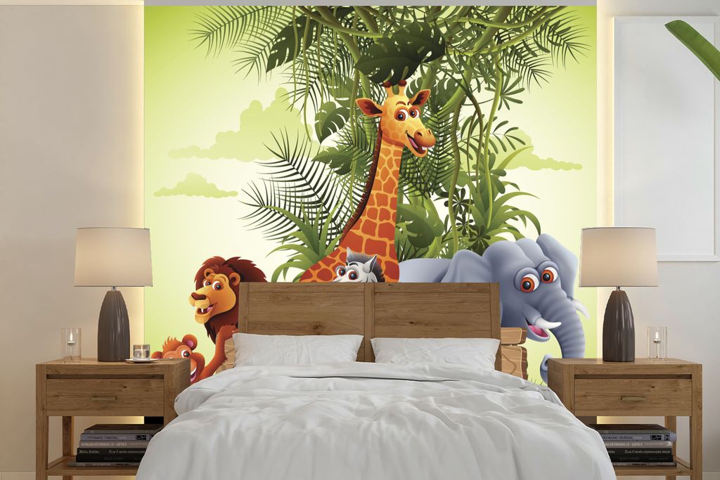 MuchoWow Fototapete für Wohnzimmer oder Schlafzimmer Wandtapete Vinyl Motivtapete Dschungeltiere - Natur - Kinder - Giraffe - 240x240 cm - Schla...