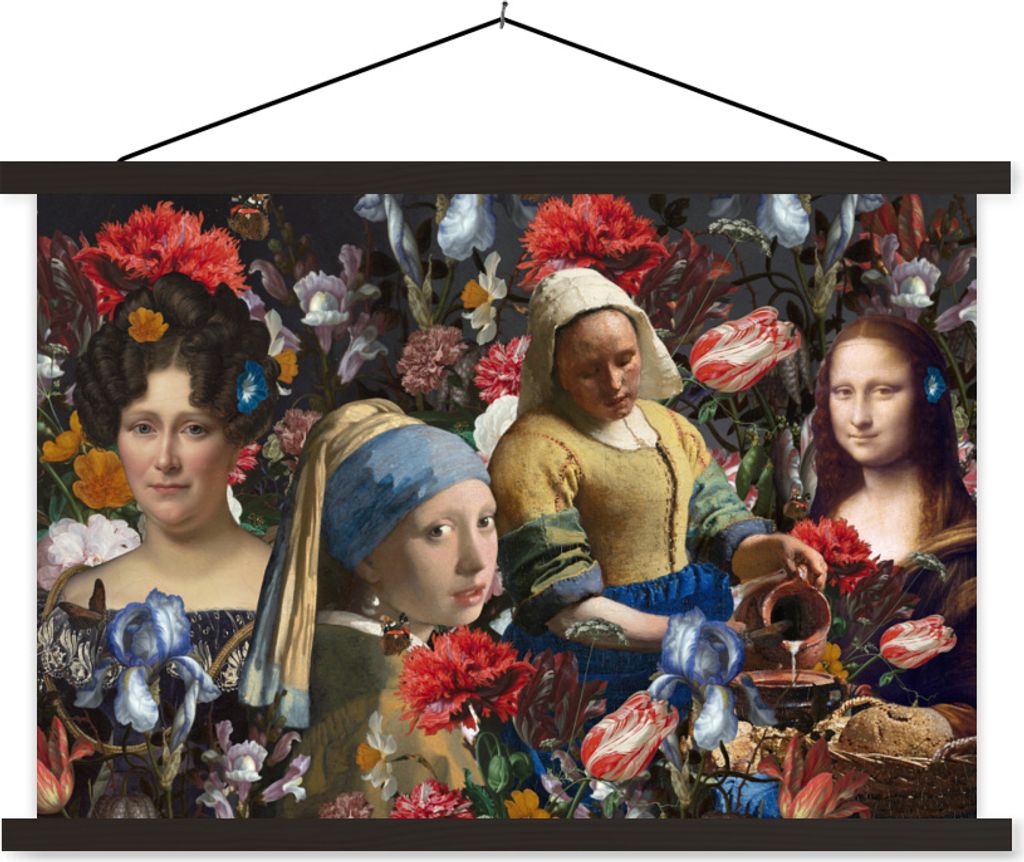MuchoWow Textilposter Collage - Malerei - Alte Meister - Blumen 120x80 cm mit schwarzem Rahmen - Wanddeko