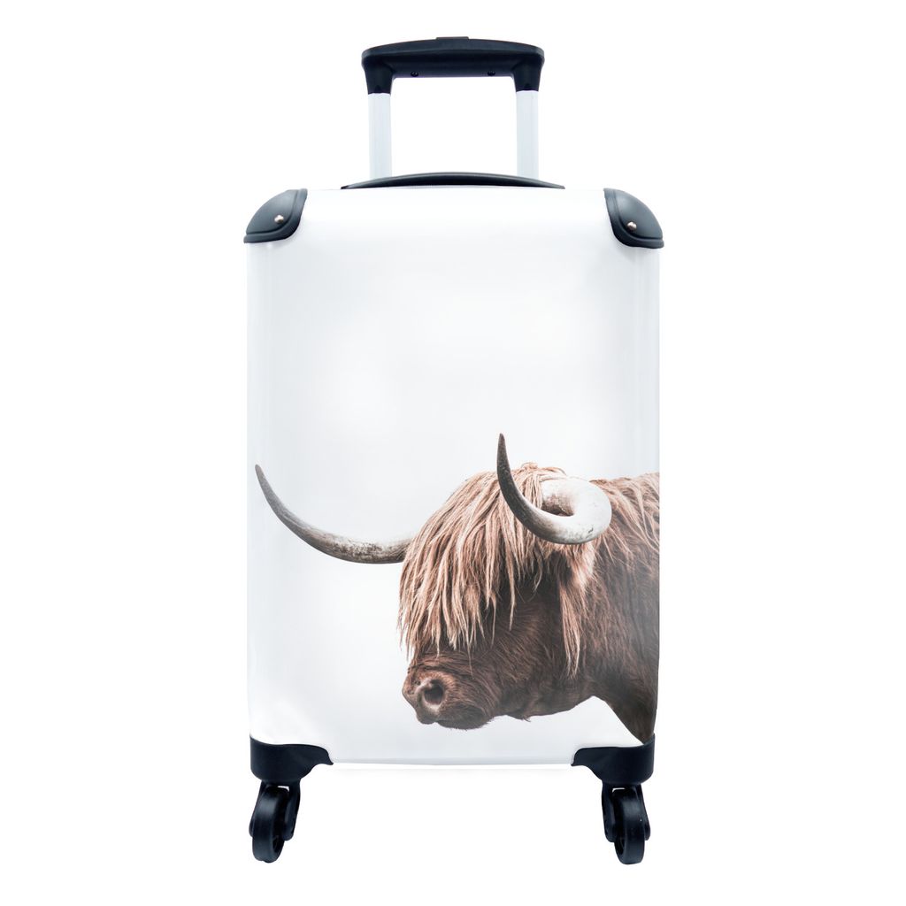 MuchoWow Koffer Handgepäck Trolley Rollkoffer Kleine Reisekoffer mit 4 Rollen - Schottischer Highlander - Tiere - Weiß - Cabin Size < 55x40x23 ...