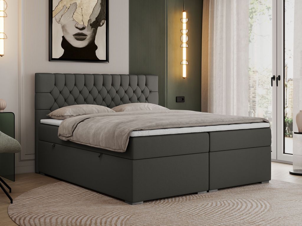Boxspringbett 180x200 mit Matratze und Topper, Boxspringbett 180x200 mit Bettkasten und Kopfteil - PERA - 180x200 - Dunkelgrau - Kunstleder - H4