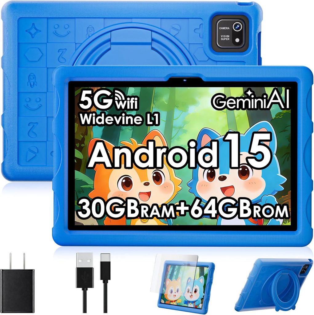 10,1 Zoll Kinder Tablet Android 15, 30GB RAM 64GB Speicher erweiterbar bis 2TB, WLAN 6, Widevine L1, 8000mAh Akku, Elternkontrolle, Hülle