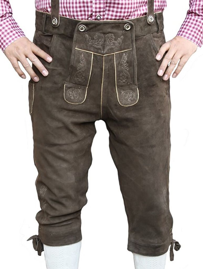 Trachten lederhose Kniebundhose Ziegenvelour mit Hosenträger Dunkelbraun, Größe:60/4XL