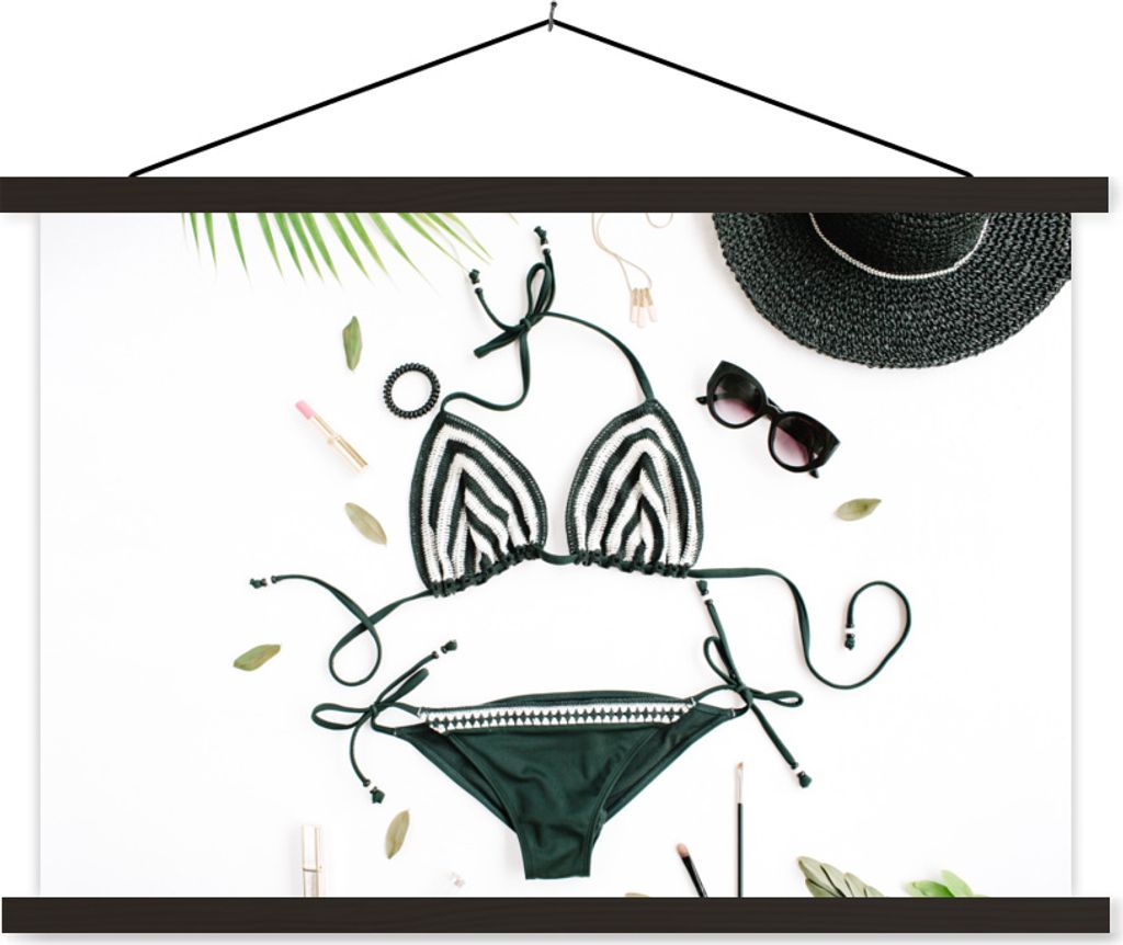 MuchoWow Textilposter Bikini - Schwarz - Hut 60x40 cm mit schwarzem Rahmen - Hölzernes