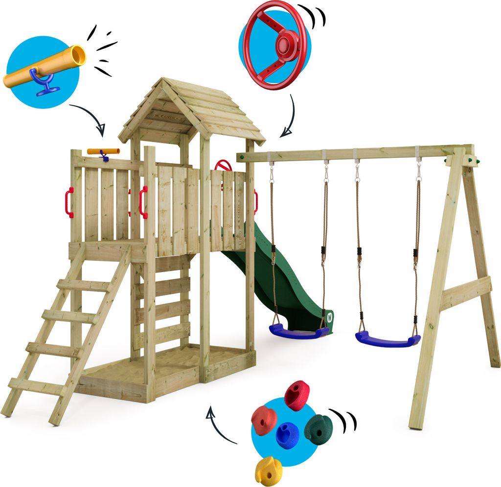 Spielturm Wickey MultiFlyer mit Holzdach und Schaukel in Produktbild 