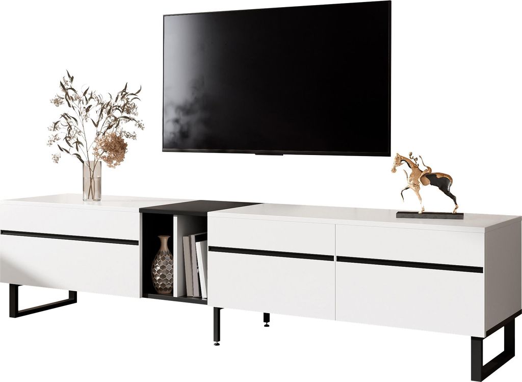 Fortuna Lai Modernes TV-Lowboard 180 cm in Weiß mit Klappfach, offenen Fächern und Doppeltüren – Minimalistischer Fernsehschrank als Sideboard...