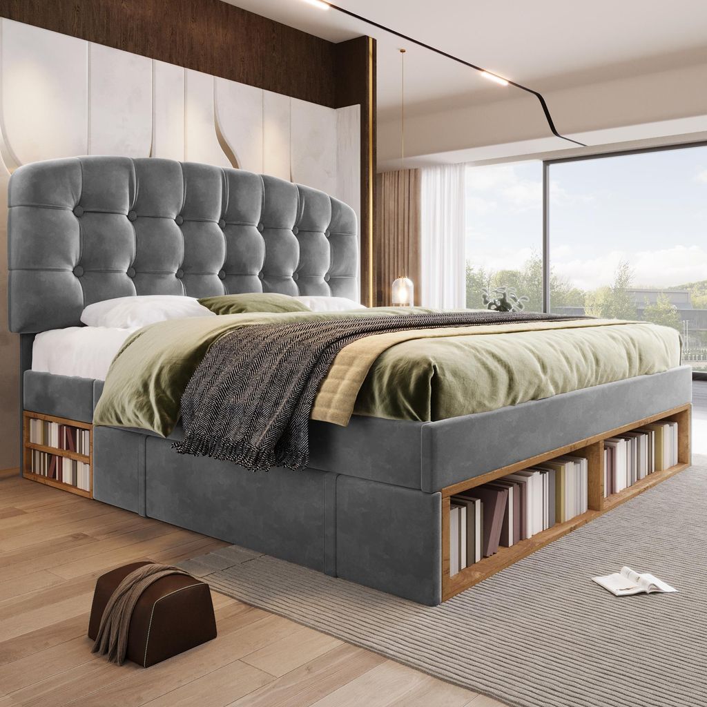 okwish Polsterbett 140x190 Einzelbett mit gebogenem höhenverstellbarem Kopfteil Jugendbett Funktionsbett mit Schubladen und offenen Fächern Bettg...