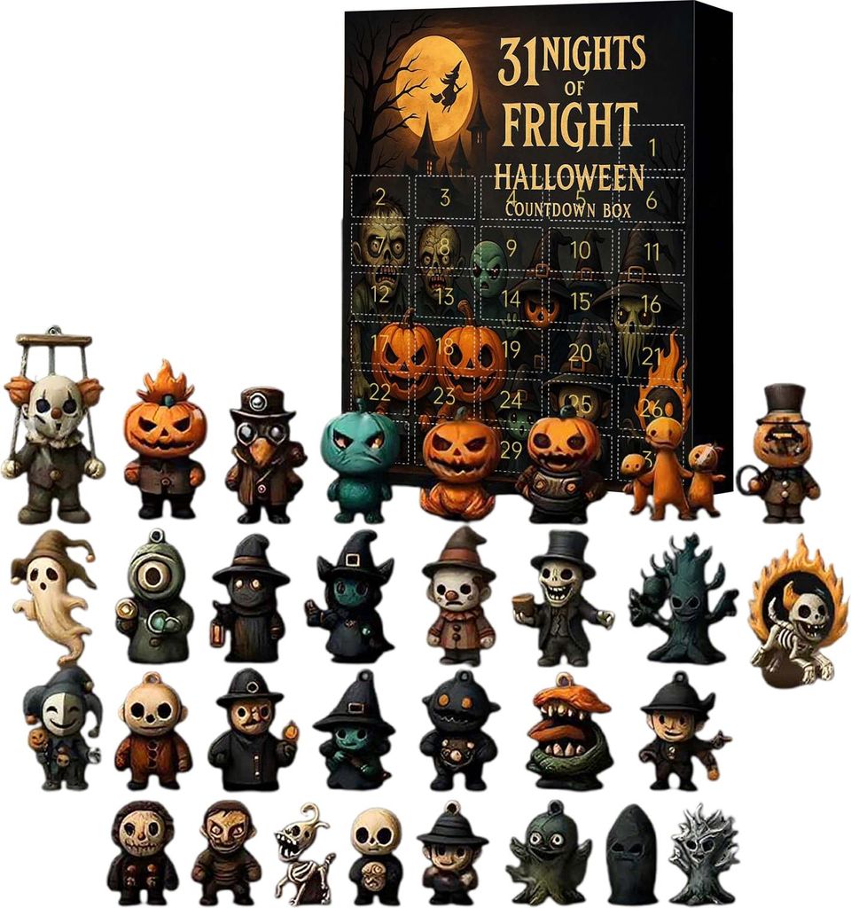 31 Nächte des Schreckens, Halloween-Countdown-Kalender, 31 Tage Adventskalender mit sammelbaren Horrorfiguren, gruseligen Puppen für die Innenein...
