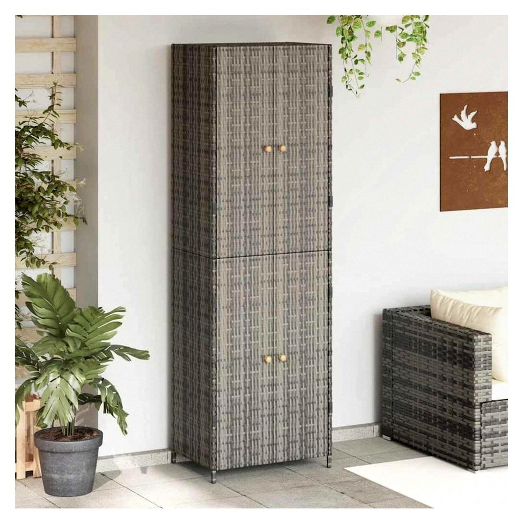 Gartenschrank Grau 59x40x180 cm, wetterfestes Poly Rattan, pulverbeschichteter Stahlrahmen, Akazienholzgriffe, geeignet für Außenbereiche, Terras...