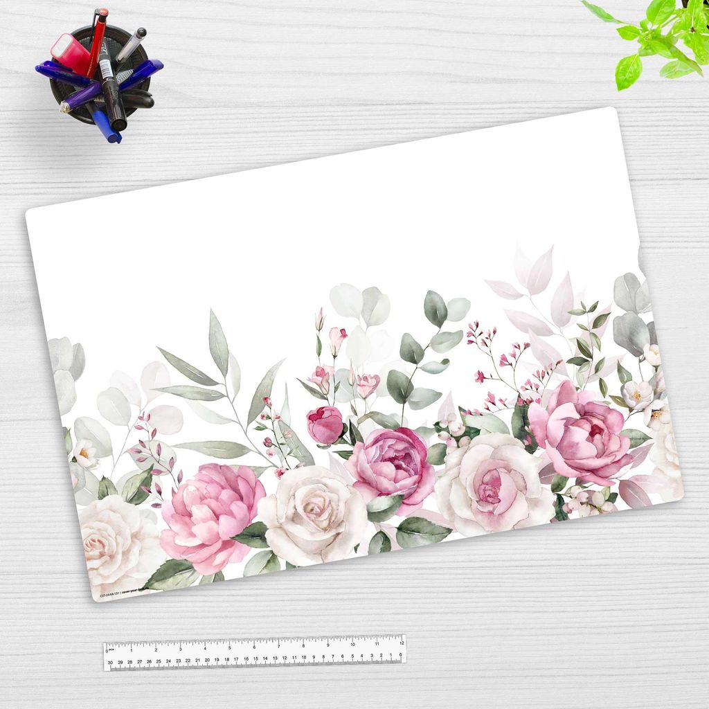 Schreibtischunterlage für Kinder und Erwachsene - Rosa Rosen und Salbei Aquarell - 60 x 40 cm - aus Premium Vinyl - Germany