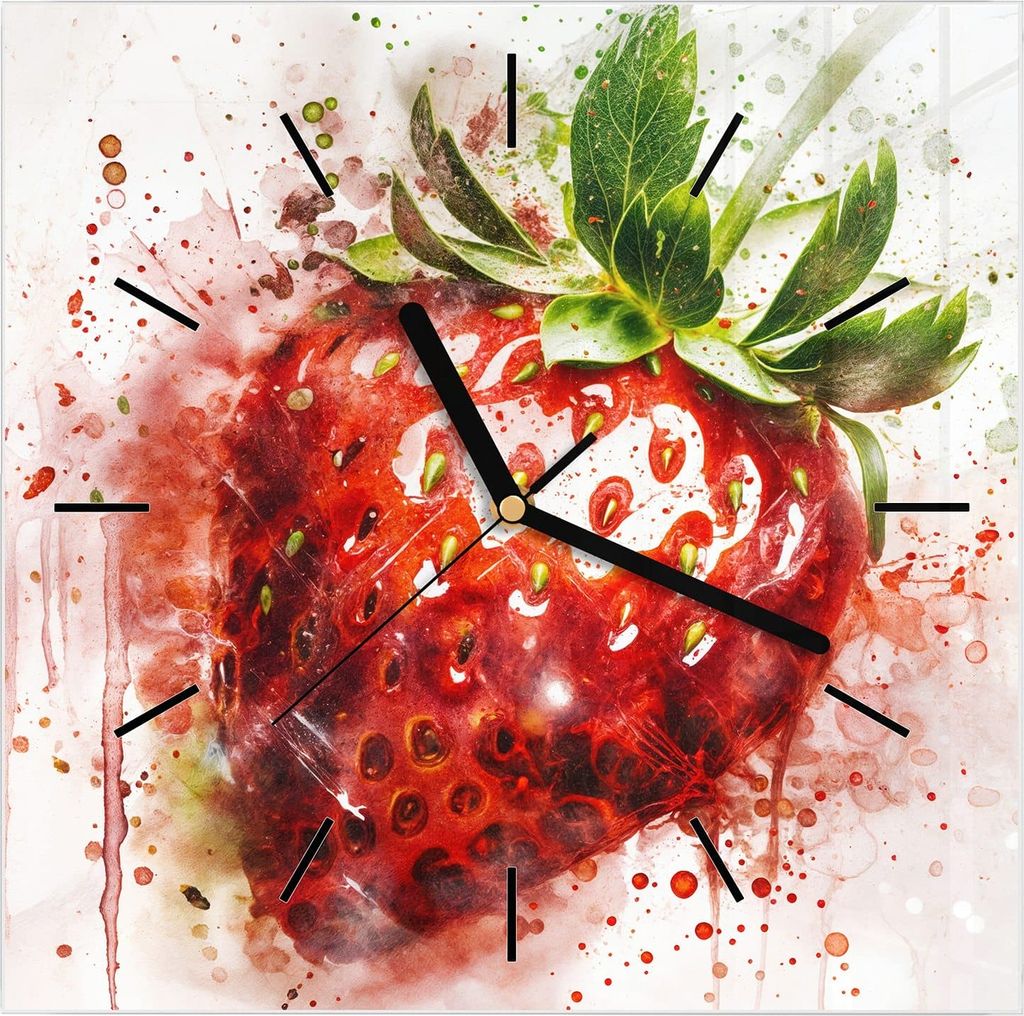 Wanduhr aus Glas mit Motiv Erdbeerkunstwerk- 30 x 30 cm - inkl. Aufhängesystem