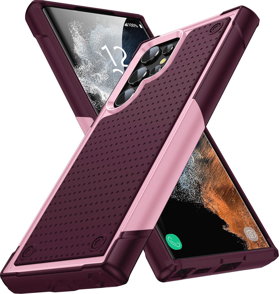 Für Samsung Galaxy S22 Ultra 5G Hülle Militärqualität Stoßfest Hybrid 2 in 1 Hart PC Weich TPU Handyhülle Pink Rot