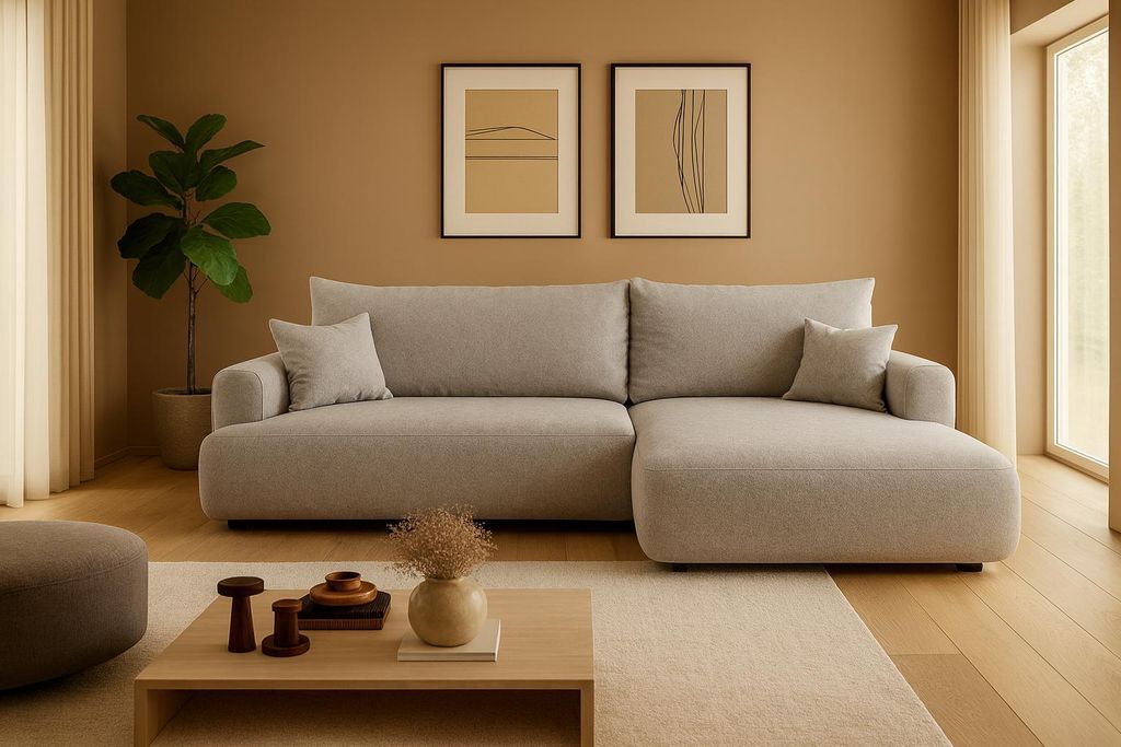 Ecksofa Ottimo L – Bettkasten, Schlaffunktion, beigefarbener Samt. Seite: Rechts, Stoff: Castel_80