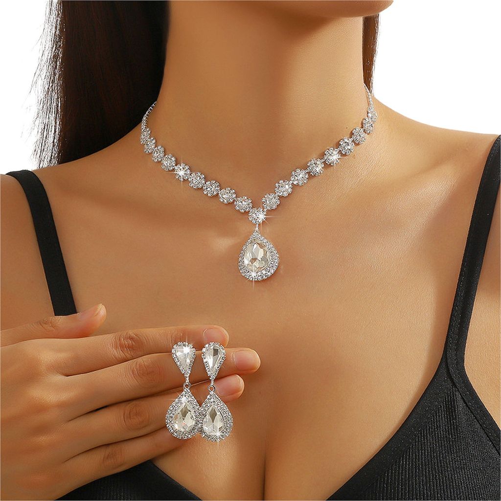 2 Teile/satz Frauen Hochzeit Schmuck Set Wassertropfen Form Glänzende Faux Kristall Halsband Halskette Baumeln Ohrringe Set