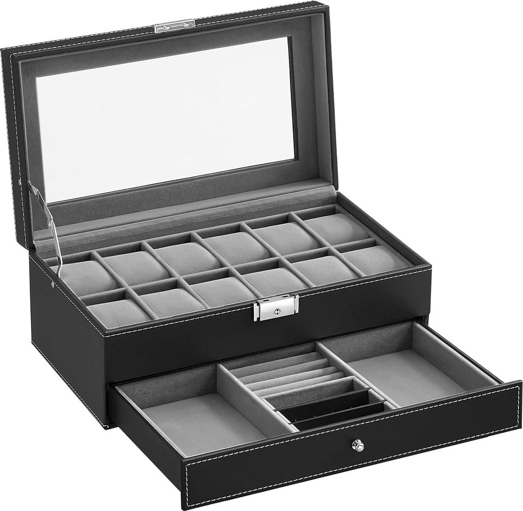 Valora Watch Box 12 JWB012G01V1 - Elegante Uhrenbox mit 12 Fächern, Glasdeckel und sicherem Verschluss