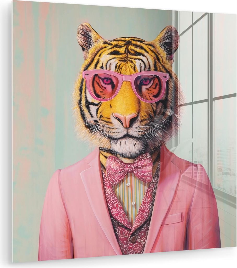 MuchoWow Glasbilder - Bilder auf Wandbild - Foto auf Glas Tiger - Fliege - Jacke - Rosa 50x50 cm Wanddekoration aus Glas - Acrylglasbild - Acrylbil...