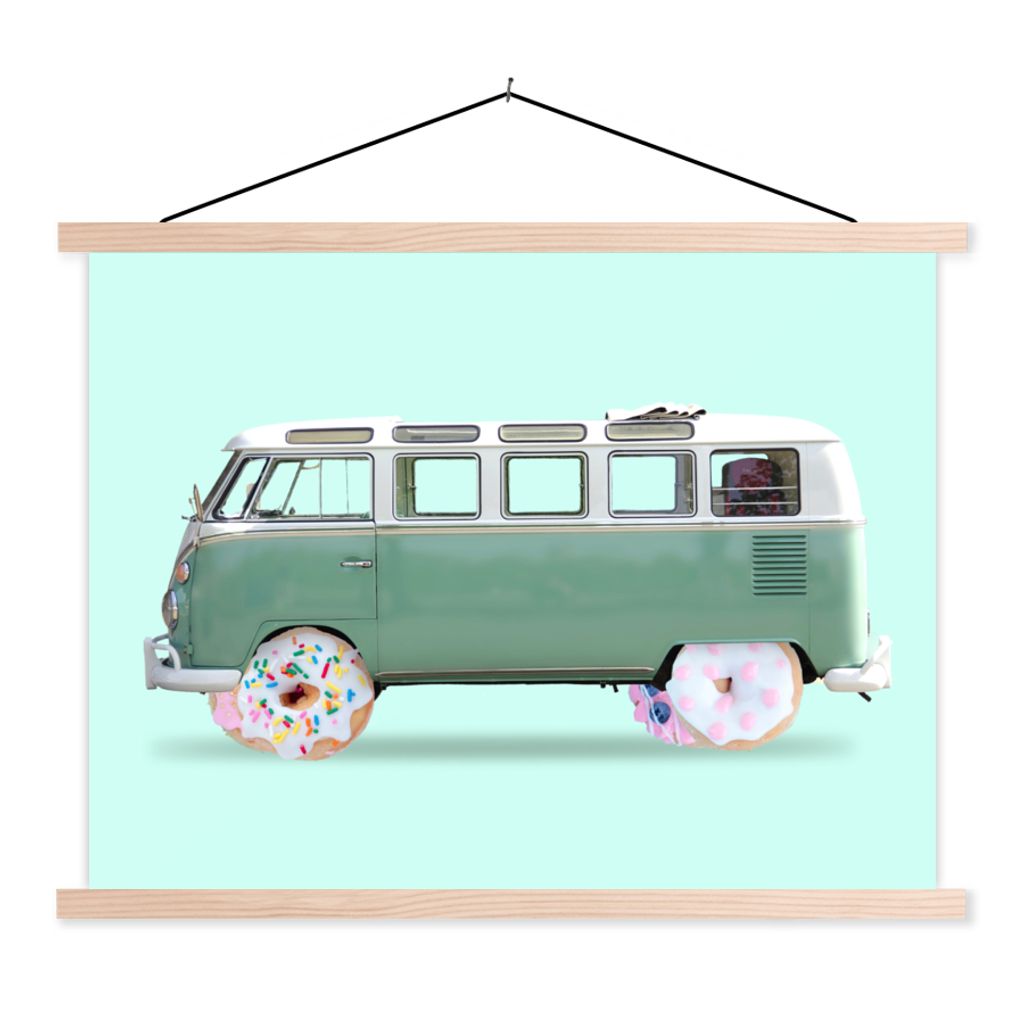 MuchoWow Textilposter Donuts - Lieferwagen - Auto - Grün 120x90 cm mit holzfarbenen Rahmen - Magnetisch