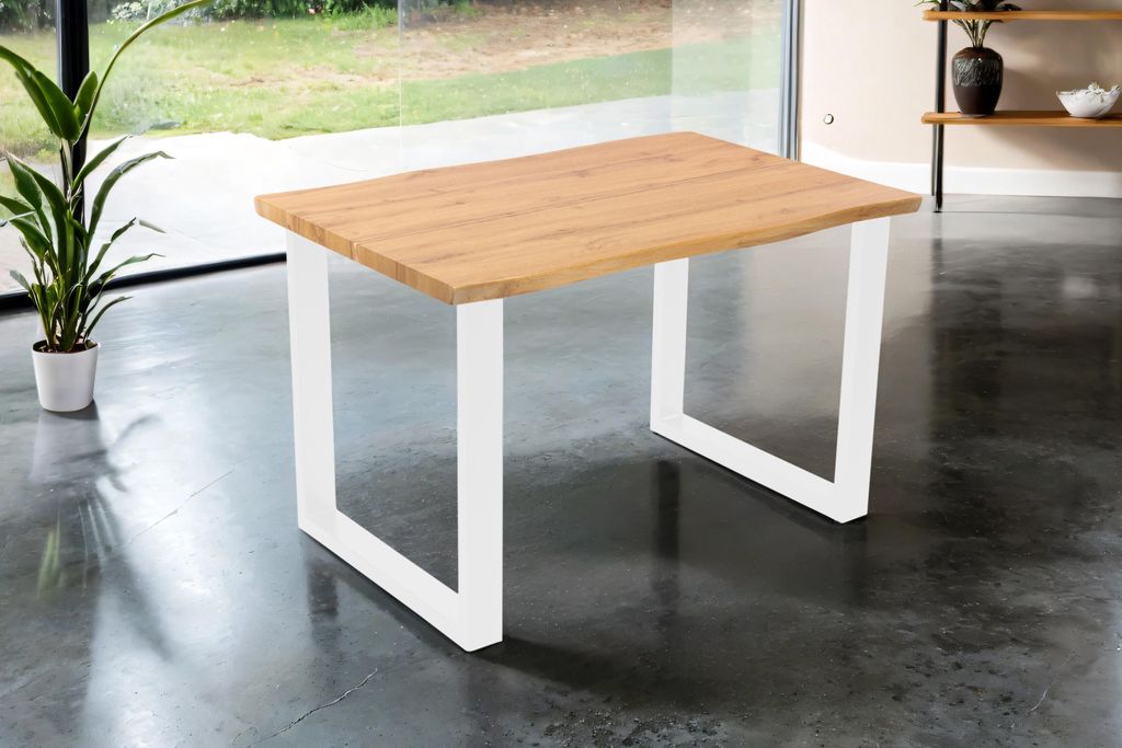 Esstisch 120x80 cm Baumkante Holz Wildeiche-Optik U-Gestell Metall weiß DUA