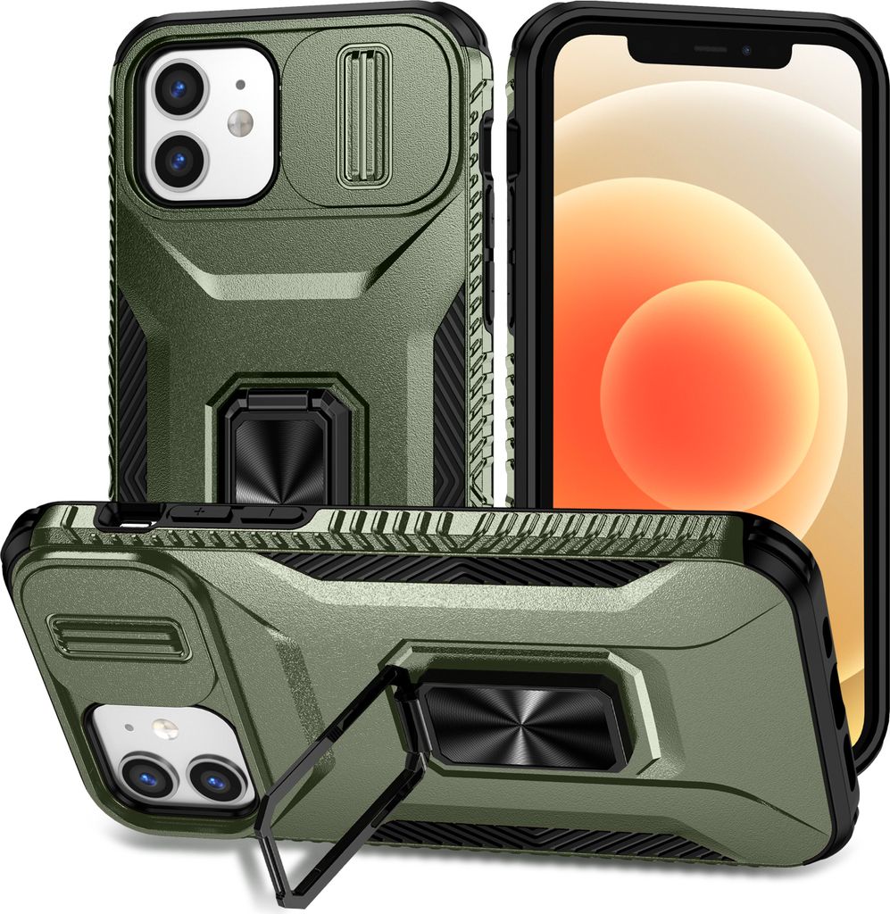 Handyhülle für iPhone 12 / iPhone 12 Pro Dual Layer Hülle mit Schiebe Kamera Schutz und Ringhalter Ständer Grün