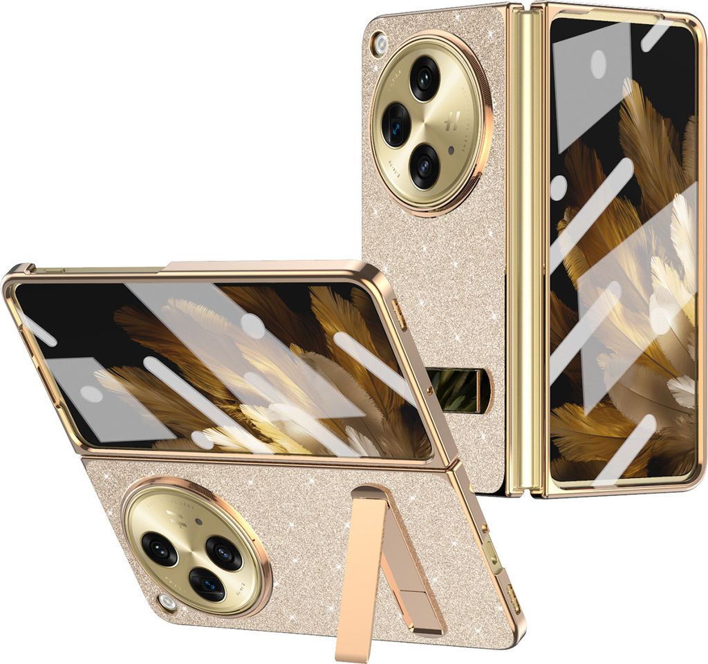 Handyhülle für OnePlus Open / Oppo Find N3 mit Displayschutz, Luxus Galvanisieren Glänzend Bling Ständer Hülle Gold