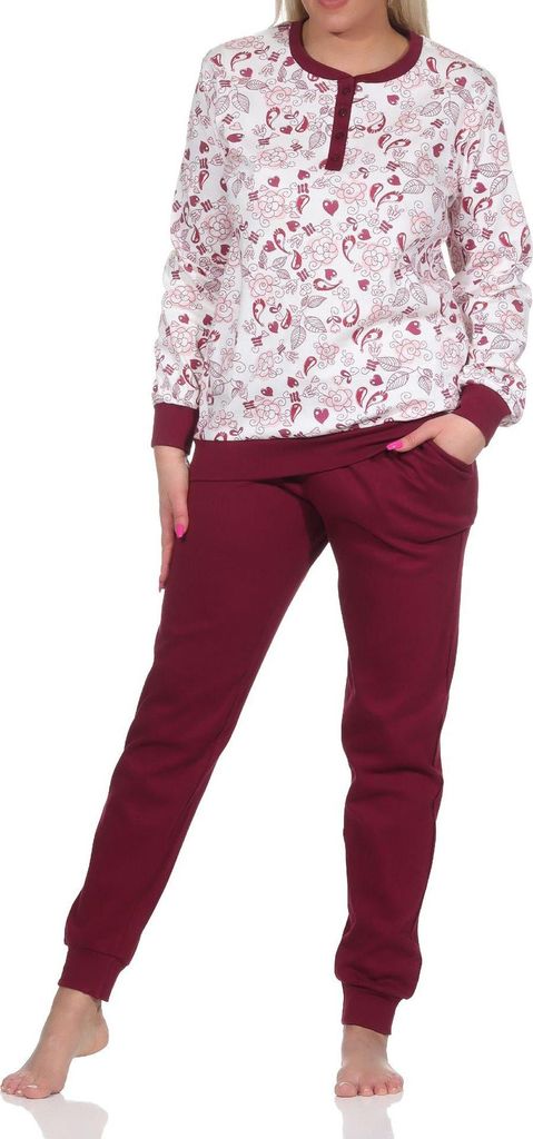 Edler Damen Interlock Schlafanzug Pyjama lang mit Bündchen - auch in Übergrößen ; creme , 60/62