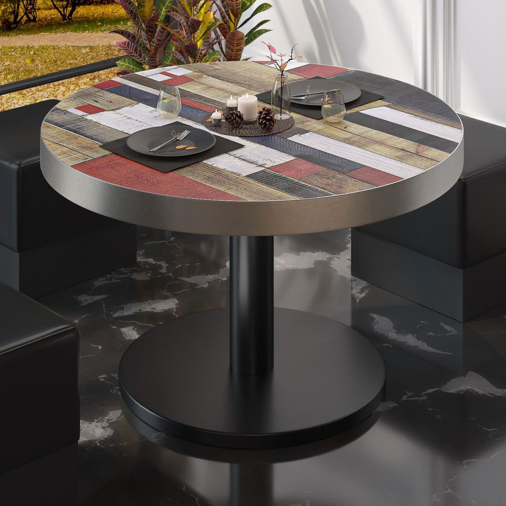 BN | Bistro Loungetisch | Ø:H 60 x 36 cm | Edelstahl Rand | Vintage Bunt / Schwarz | Bistrotisch Loungetisch