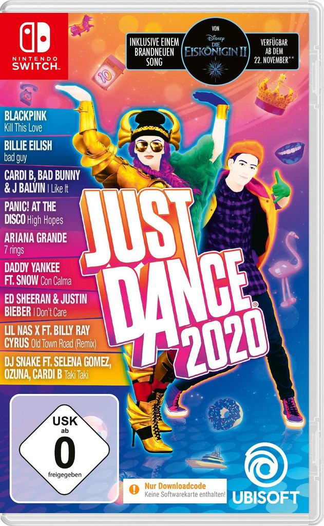 The cover art for the video game Just Dance 2020, featuring two dancers in vibrant outfits and a list of songs and artists.