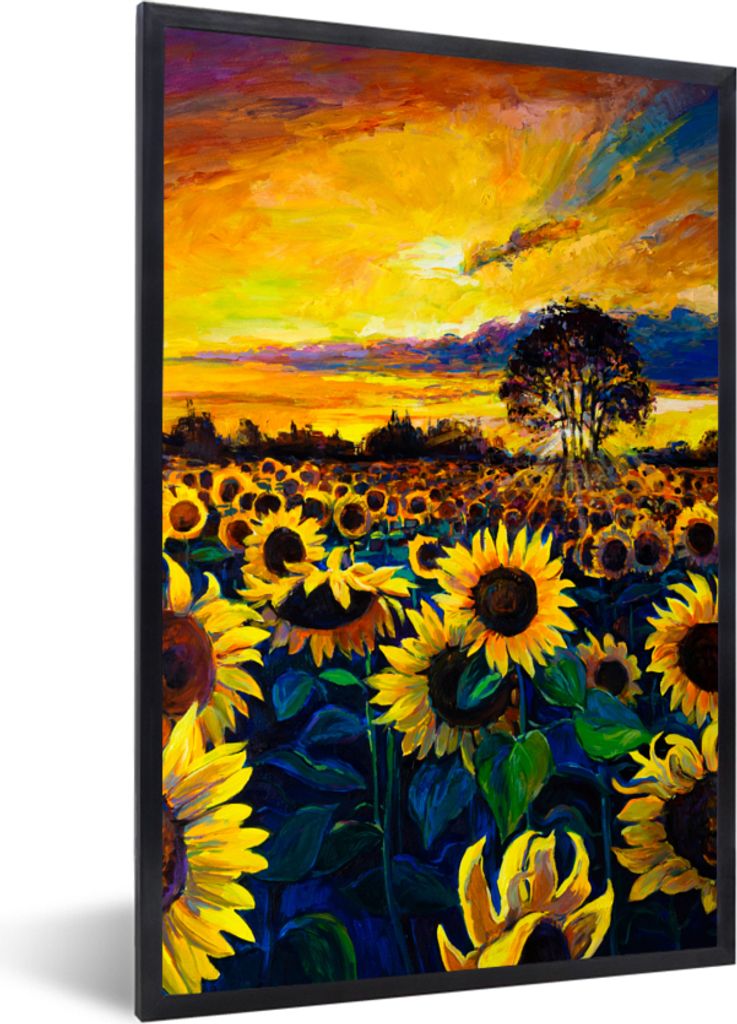 MuchoWow Gerahmtes Poster Gemälde - Ölfarbe - Blumen - Sonnenblume 40x60 cm - Poster mit Schwarzem Bilderrahmen Wandposter Rahmen Foto Bilder -...
