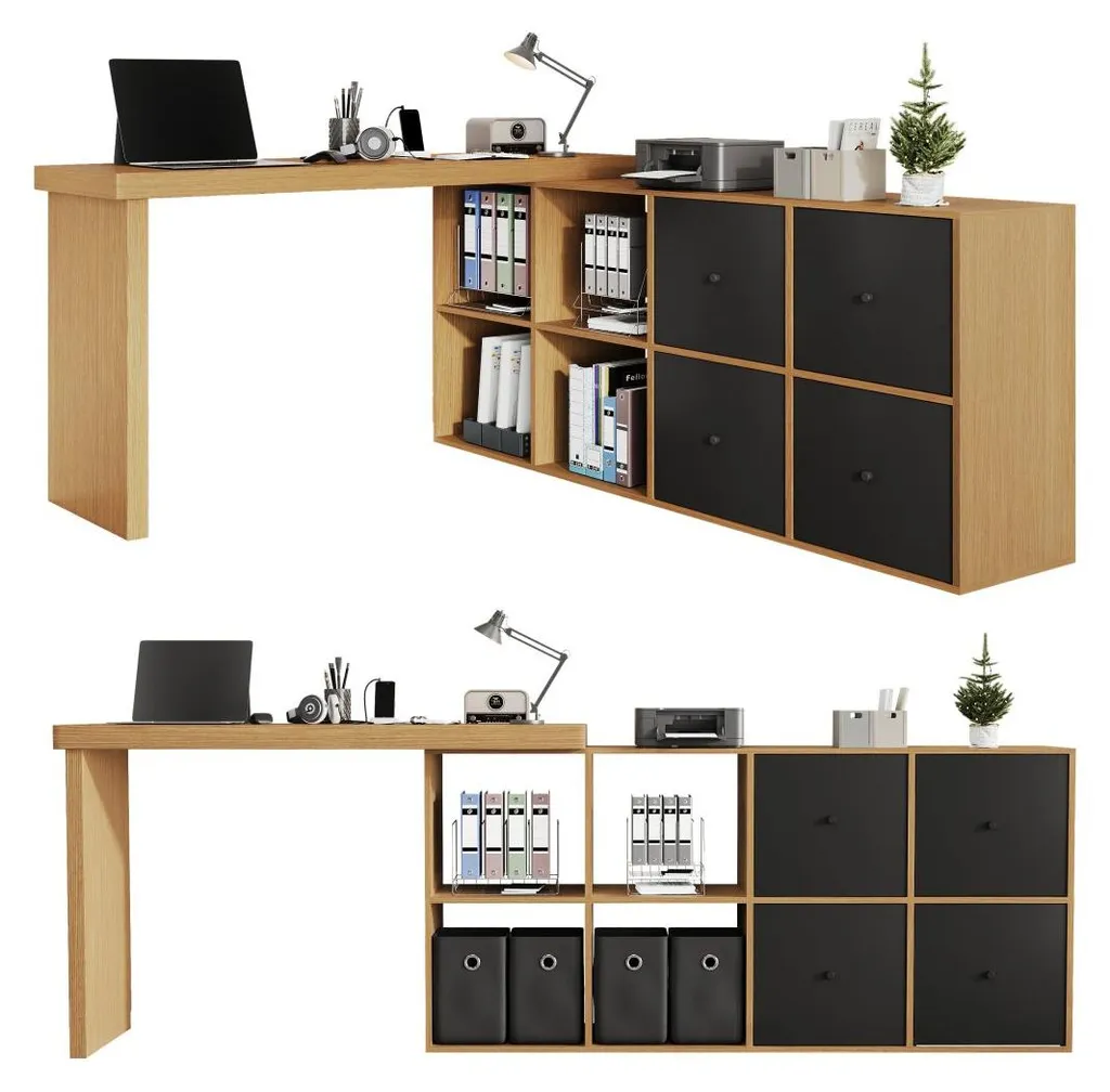 Bureau informatique modulable forme L en bois de chêne avec tiroir