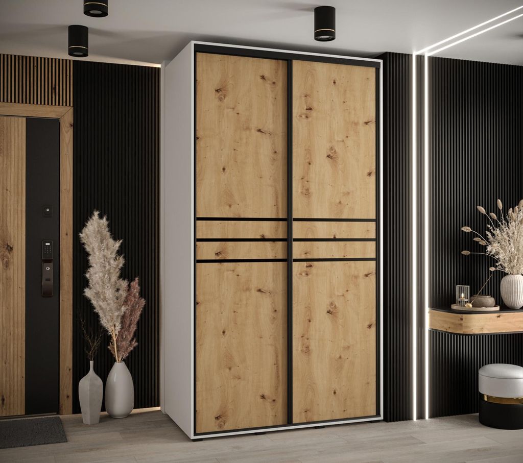 Kleiderschrank YVONA 10 - 140/60 cm, weiß / Eiche handwerklich / schwarz