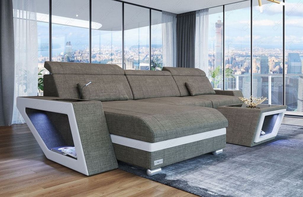 Mini Stoffsofa Catania L Form Sofa mit Licht USB Webstoff Strukturstoff