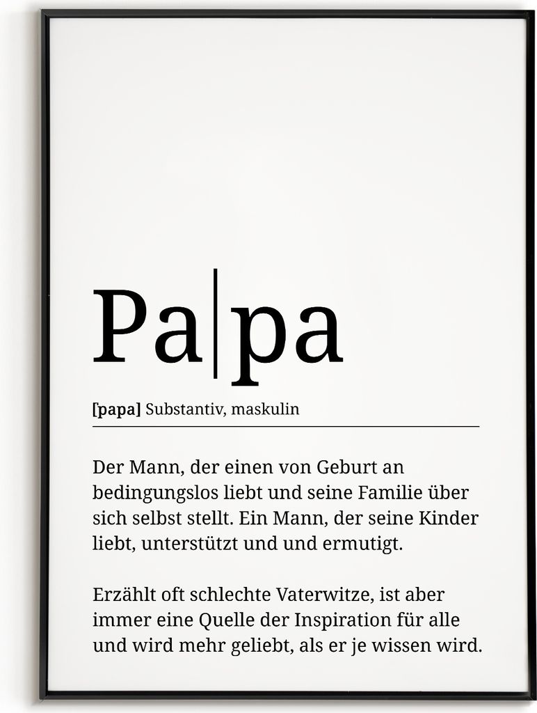 Papa Poster Definition - Vatertag Geschenk Wandbild – A4 (21x29.7cm) / schwarzer Bilderahmen