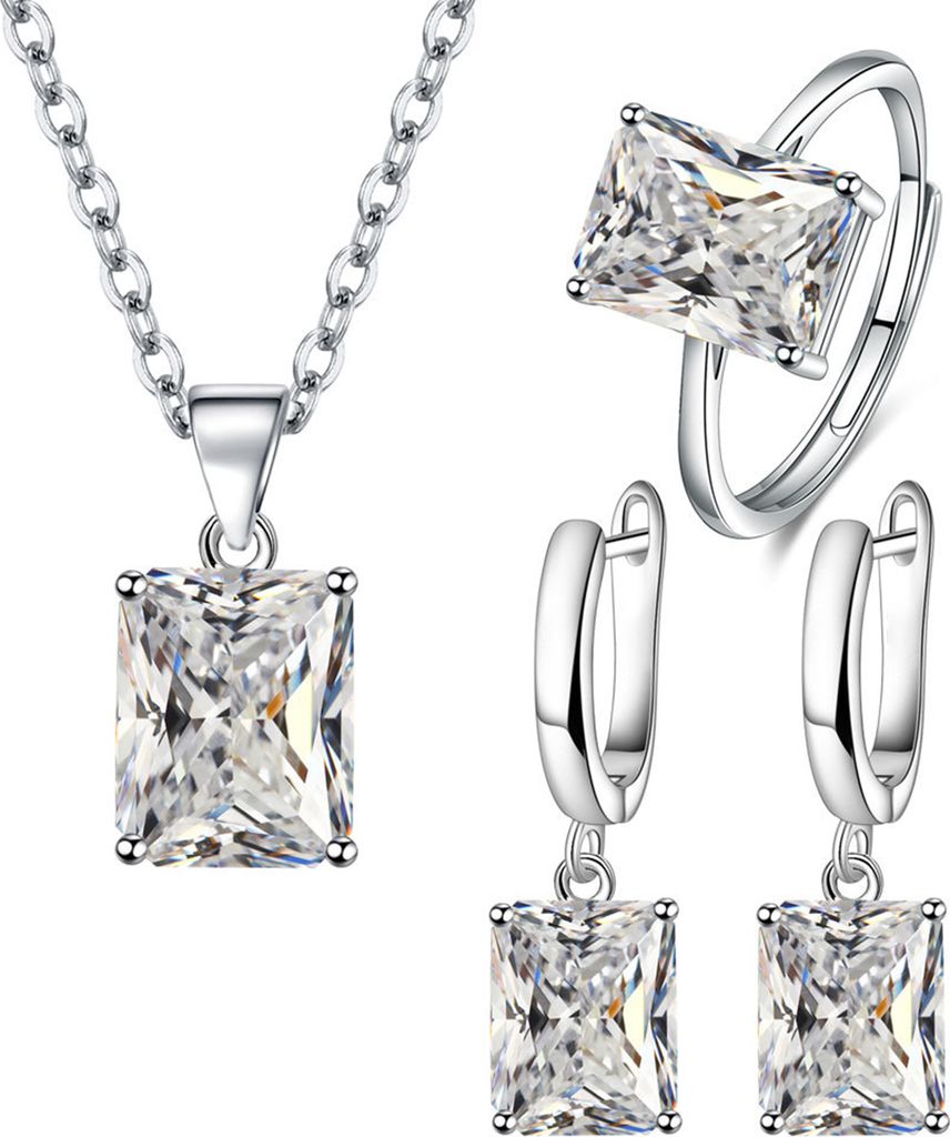 4-teiliges Set Fingerring Rechteckform Glänzend Charmant Zirkonia Vintage Anhänger Verschönern Anti-Rost Frauen Luxus Strass Halskette Creolen S...