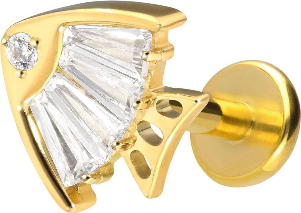 Ohrpiercing, Nasenpiercing Titan Labret mit Push Fit KRISTALLFISCH Gold Stablänge: 10mm | Stabstärke: 1,2mm