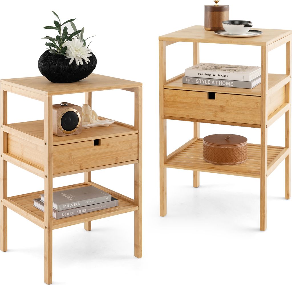 Two identical bamboo nightstands are displayed against a white background, showcasing their design and functionality.