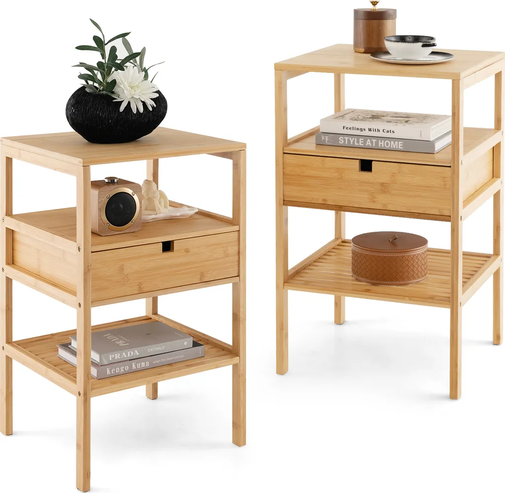 Chevet en bois de bambou avec tiroir et étagère lot de 2 tables de nuit