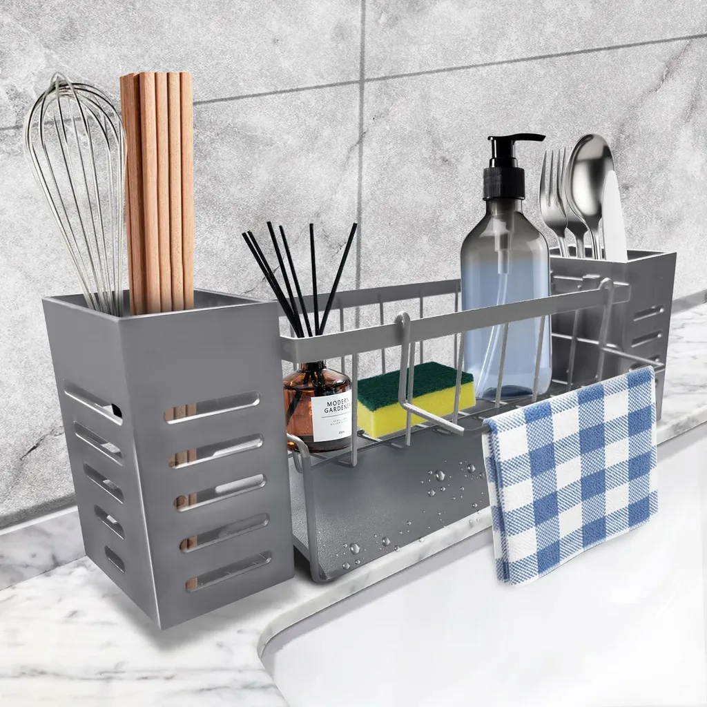 Organiseur de cuisine en acier inoxydable gris avec égouttoir auto