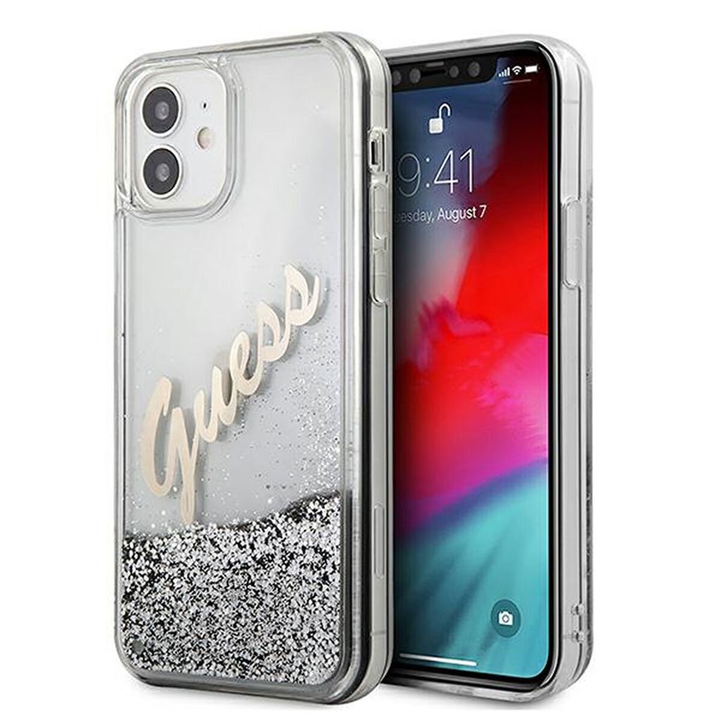 Guess Apple Tasche GUHCP12SGLVSSI iPhone 12 mini silber/silberne Hartschale Glitter Vintage Script