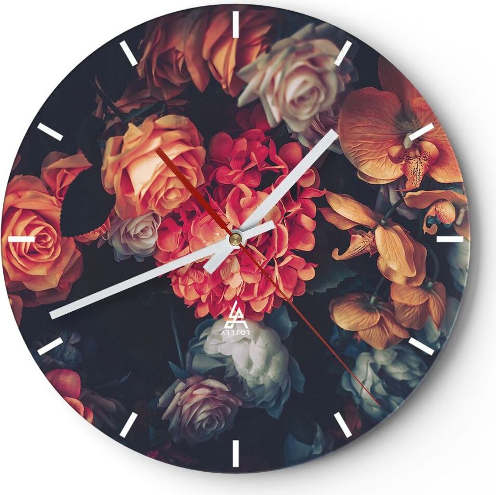 Wanduhr - Rund - Glasuhr - Blumenstrauß Blumen Rosen - 40x40cm - Schleichendes Uhrwerk - Lautlos - zum Aufhängen bereit - Dekoration Modern - Wan...