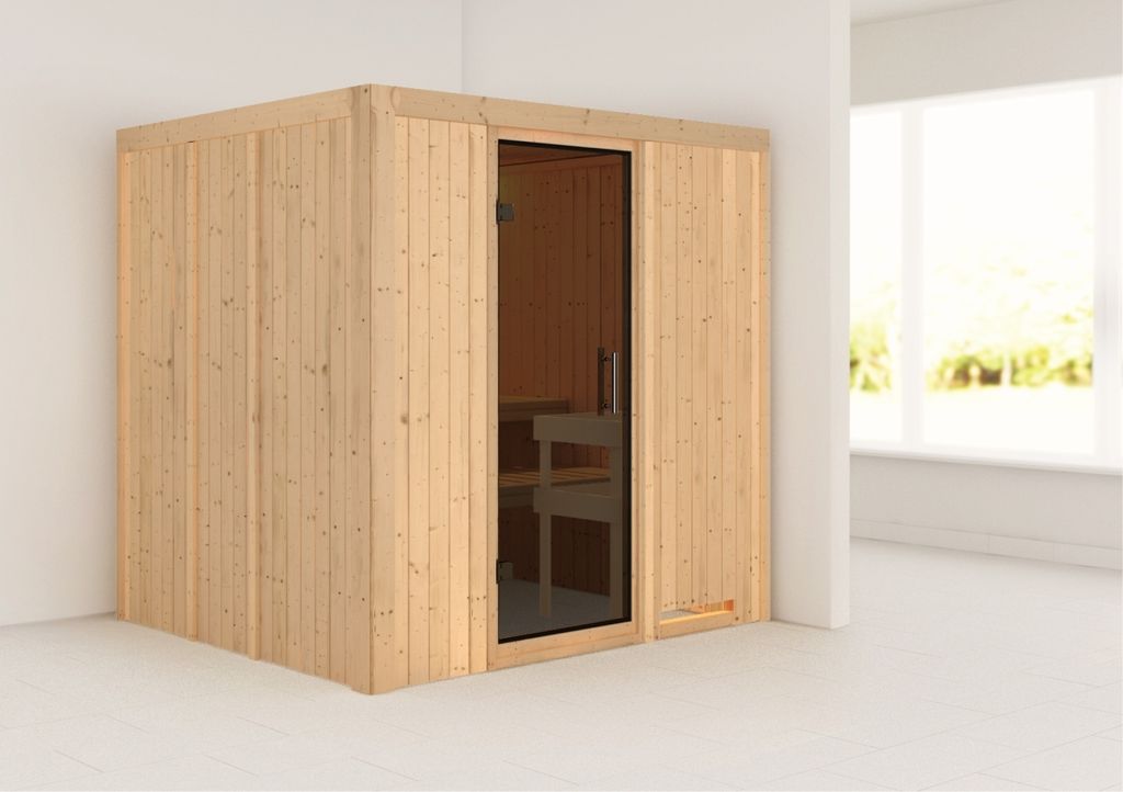 Karibu Sauna Innensauna Sodin Fronteinstieg ohne Zubehör 196x170x198 cm ohne Dachkranz mit Graphittür