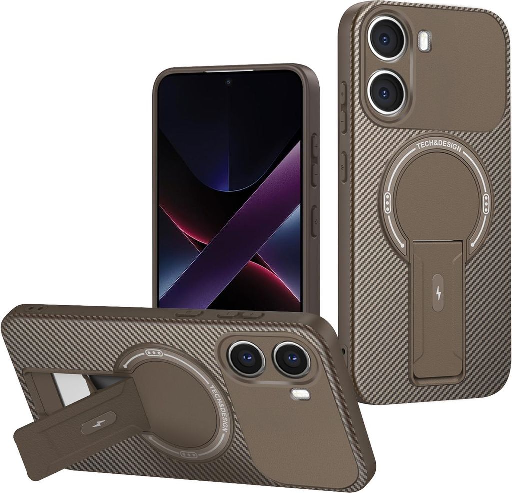 Hülle für Xiaomi Poco X7 Pro Magnetisch Carbonfaser Design TPU Hybrid Handyhülle mit Ständer Braun