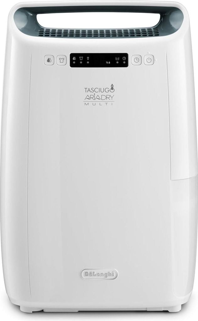 A white De'Longhi dehumidifier is shown from the front on a white background.