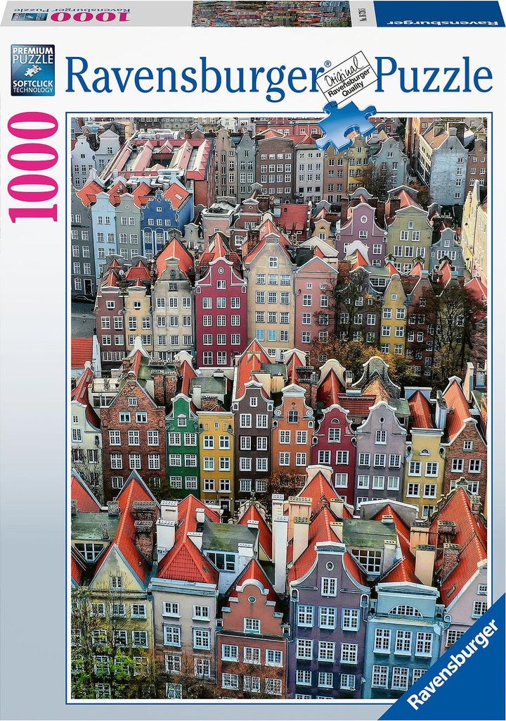 The image shows the packaging of a Ravensburger puzzle. The puzzle itself depicts a dense cityscape of colorful, narrow, European-style buildings with red roofs.