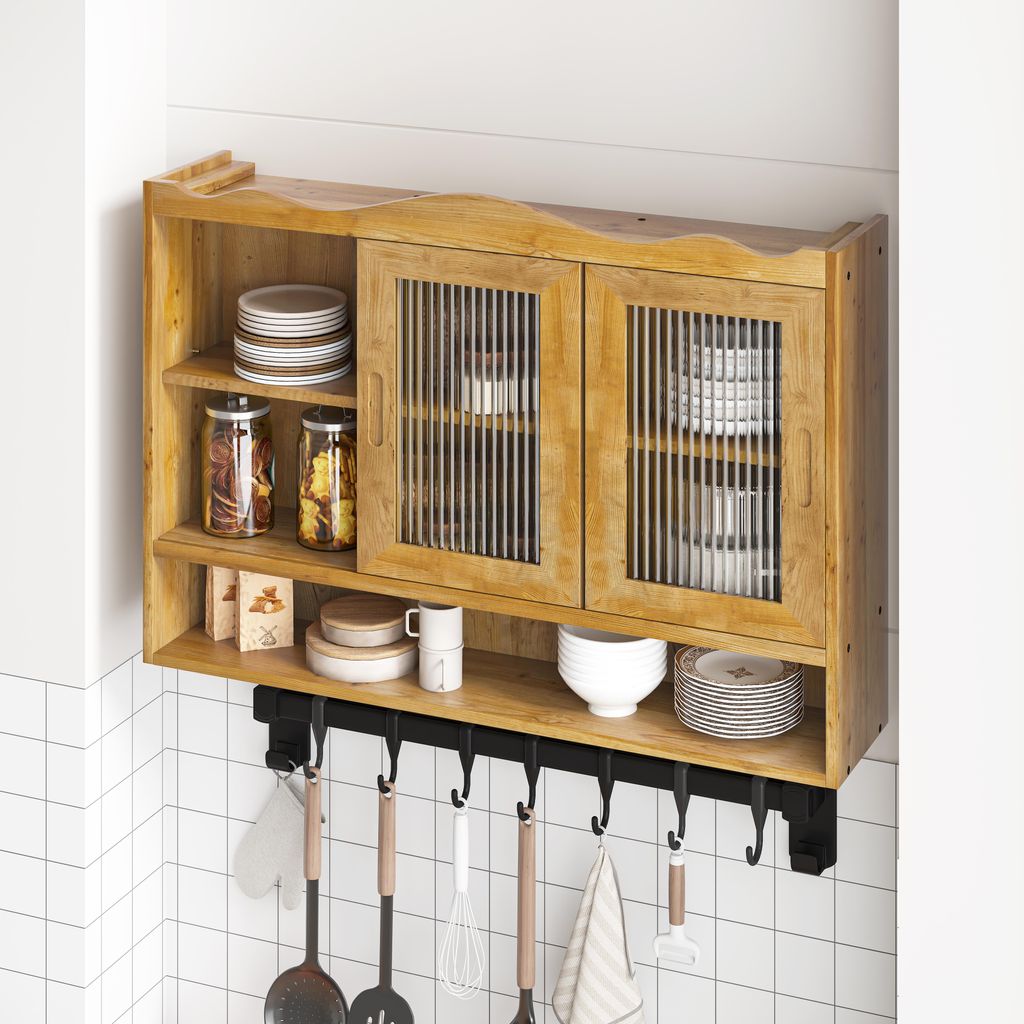 STILVORA Retro-Schiebeschrank Wandschrank mit zwei Türen und drei Einlegeboden,Sideboard mit herausnehmbare Ebenen,Natur