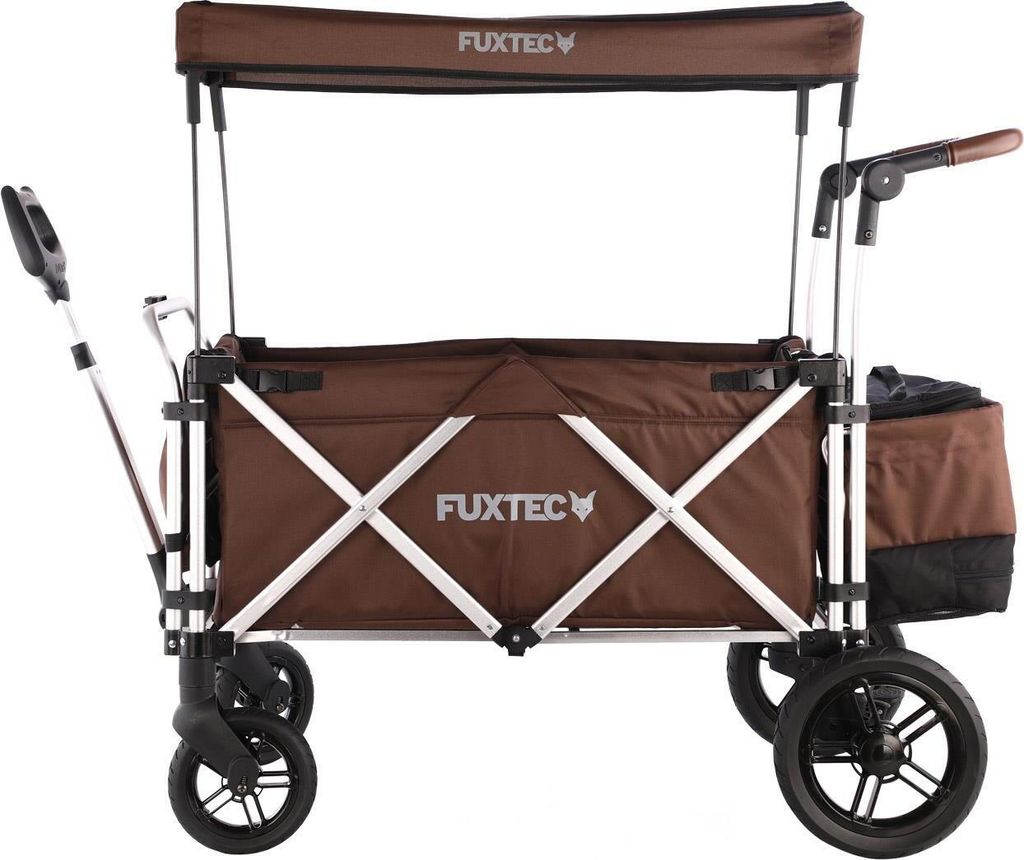 FUXTEC Luxus Bollerwagen Braun CTL-900 - mit Dach | bis 75Kg | Klappbar | 15Kg | Hecktasche | 5-Punkt-Gurt | Innenraumverlängerung | 130x67x116cm ...