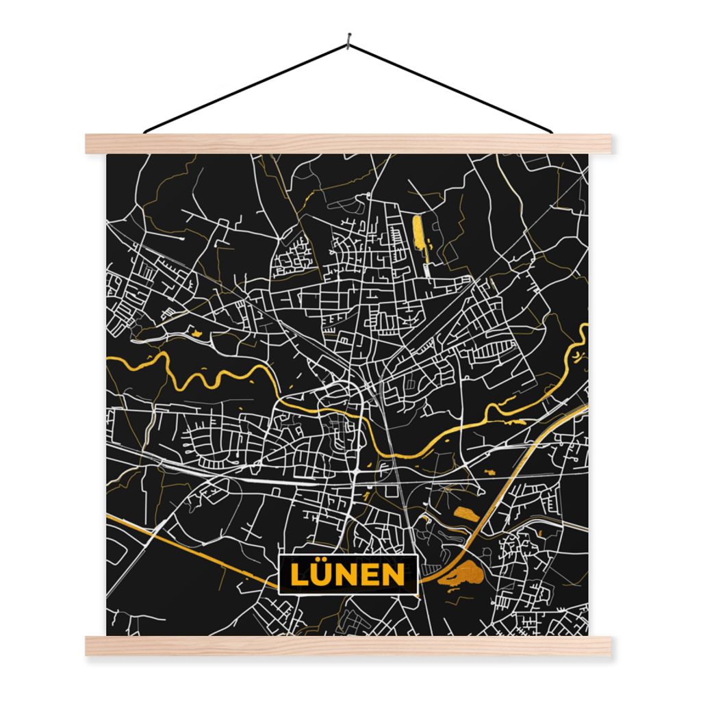 MuchoWow Textilposter Lünen - Gold - Karte - Stadtplan - Deutschland 120x120 cm mit holzfarbenen Rahmen - Textil-Poster