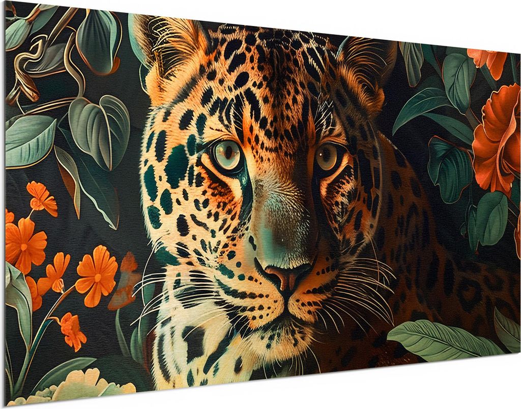 DEQORI Alu-Dibond Bild Gold 100x50 cm 'Leopard im Blütenmeer' Wandbild Metall dünn Design